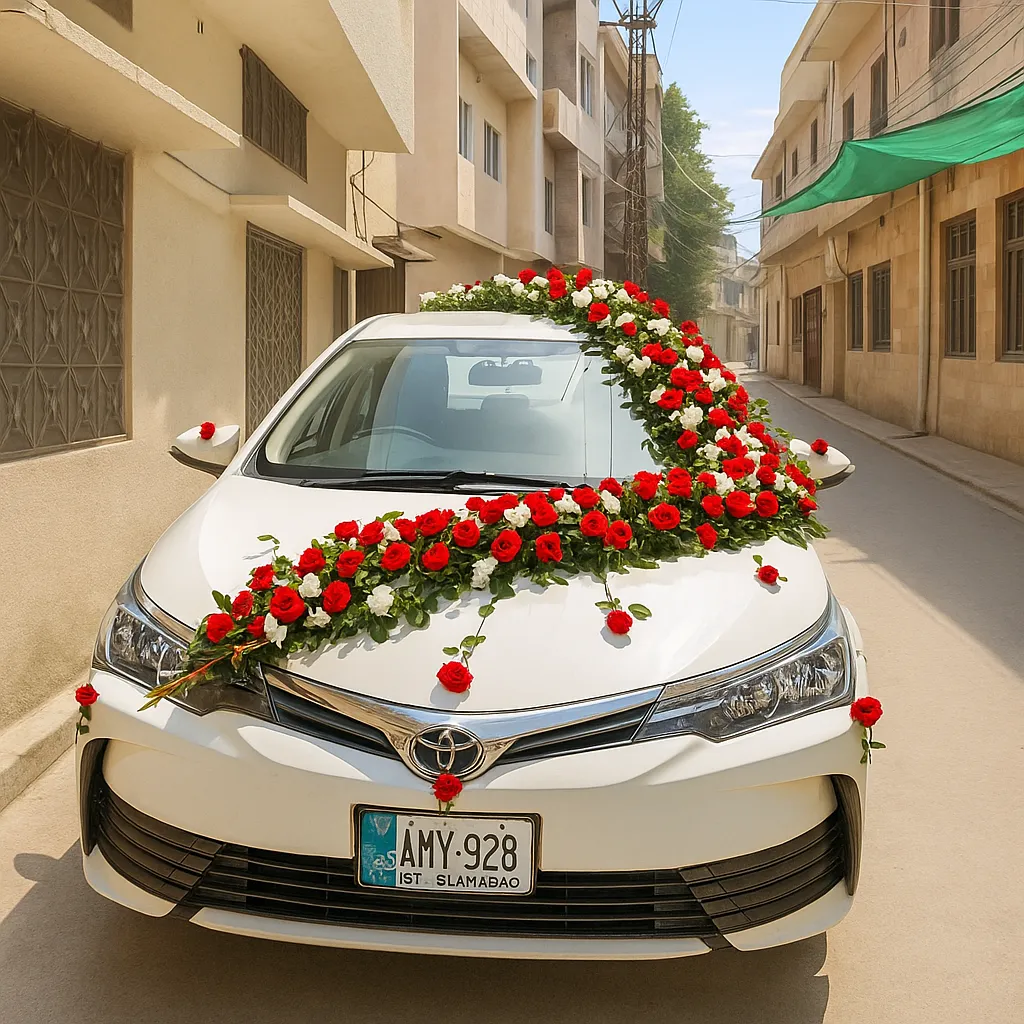 Diagonal Red & White Garland Wedding Car Decoration – White Corolla