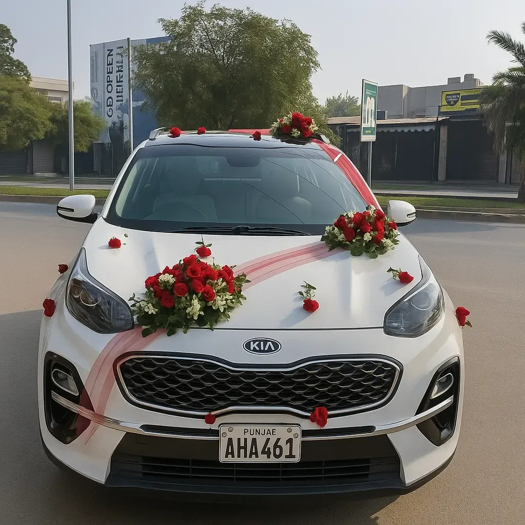 Elegant Red Roses Wedding Car Decoration – White Kia SUV