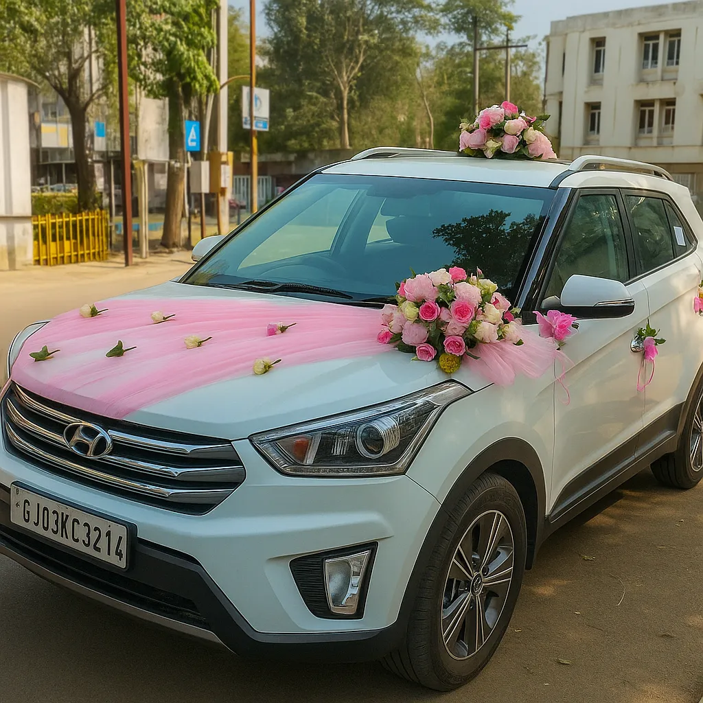 Pink Drape & Pastel Roses Wedding Car Decoration – White SUV