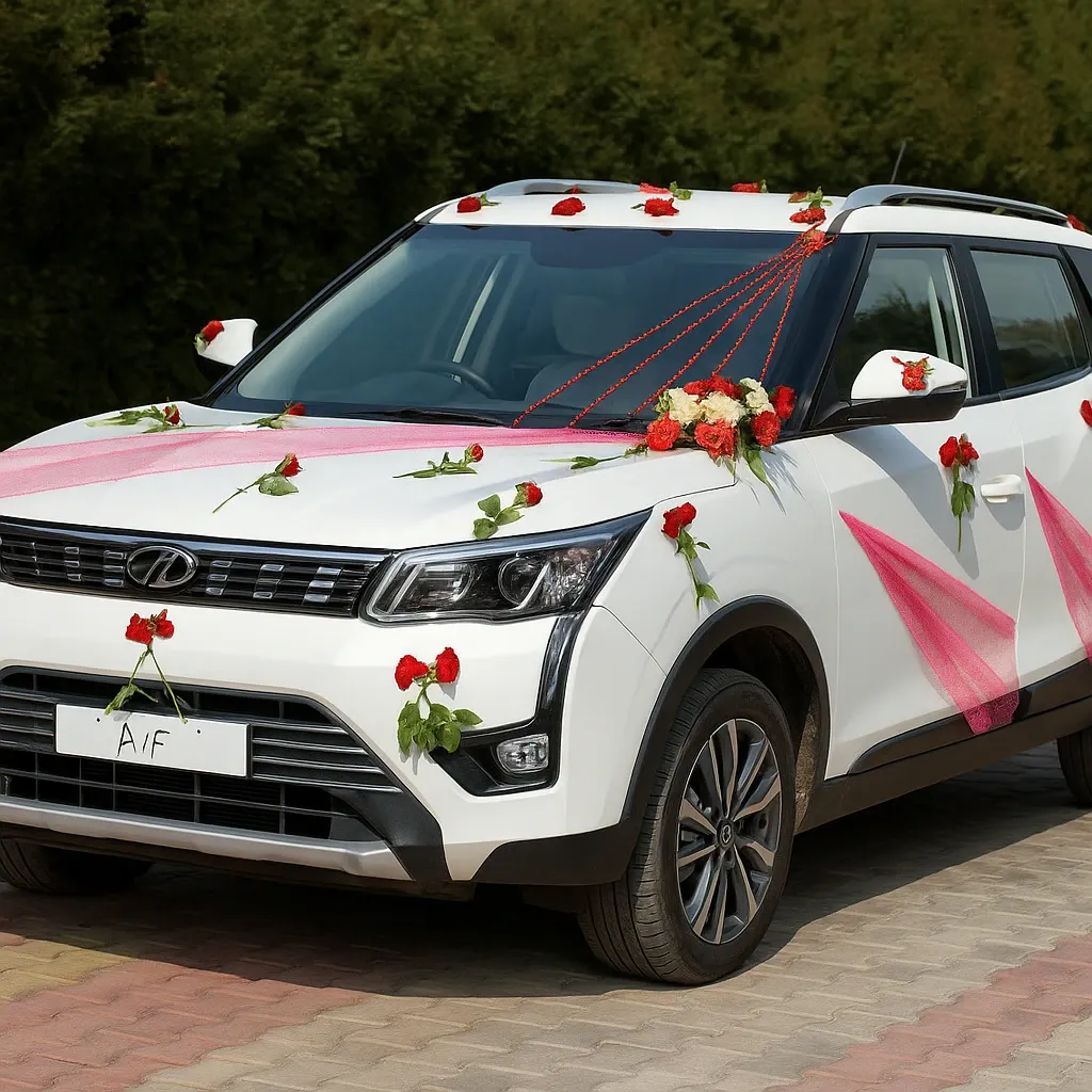 Pink & Red Wedding Car Decoration – String Style on White SUV