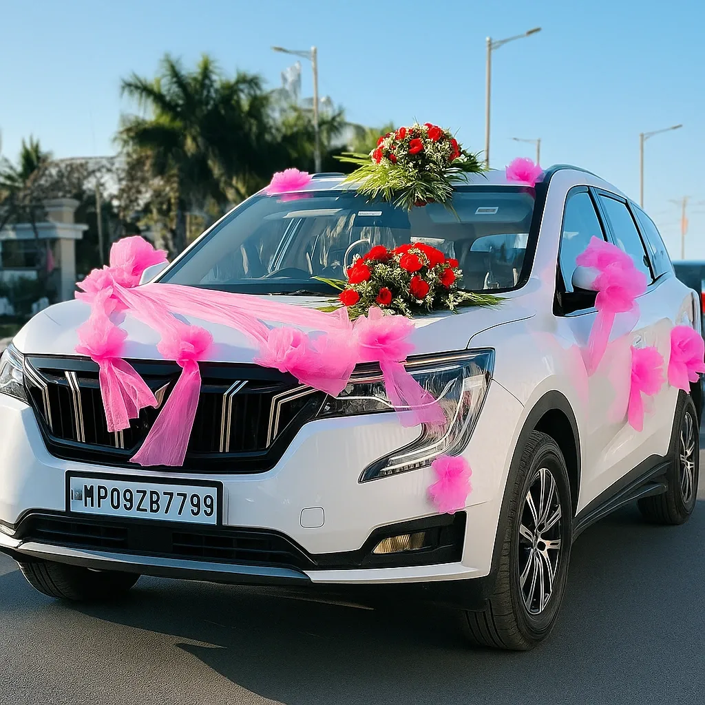 Pink Ribbon & Red Roses Wedding Car Decoration – White SUV