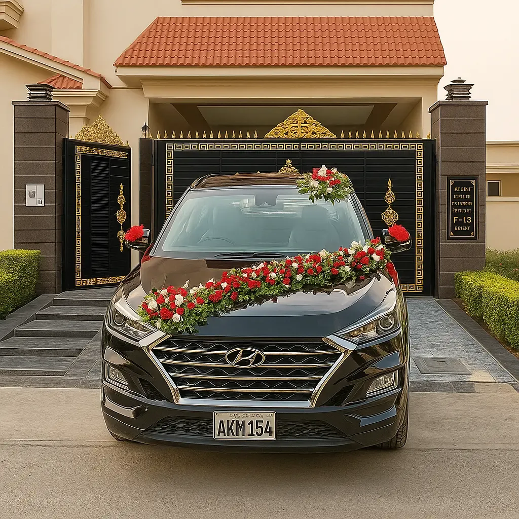 Red & White Garland Wedding Car Decoration – Premium Black SUV