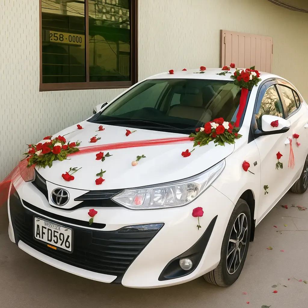 Red Ribbon & Roses Wedding Car Decoration – White Sedan