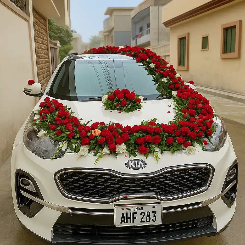 Grand Red Roses Full Garland Wedding Car Decoration – White Kia SUV