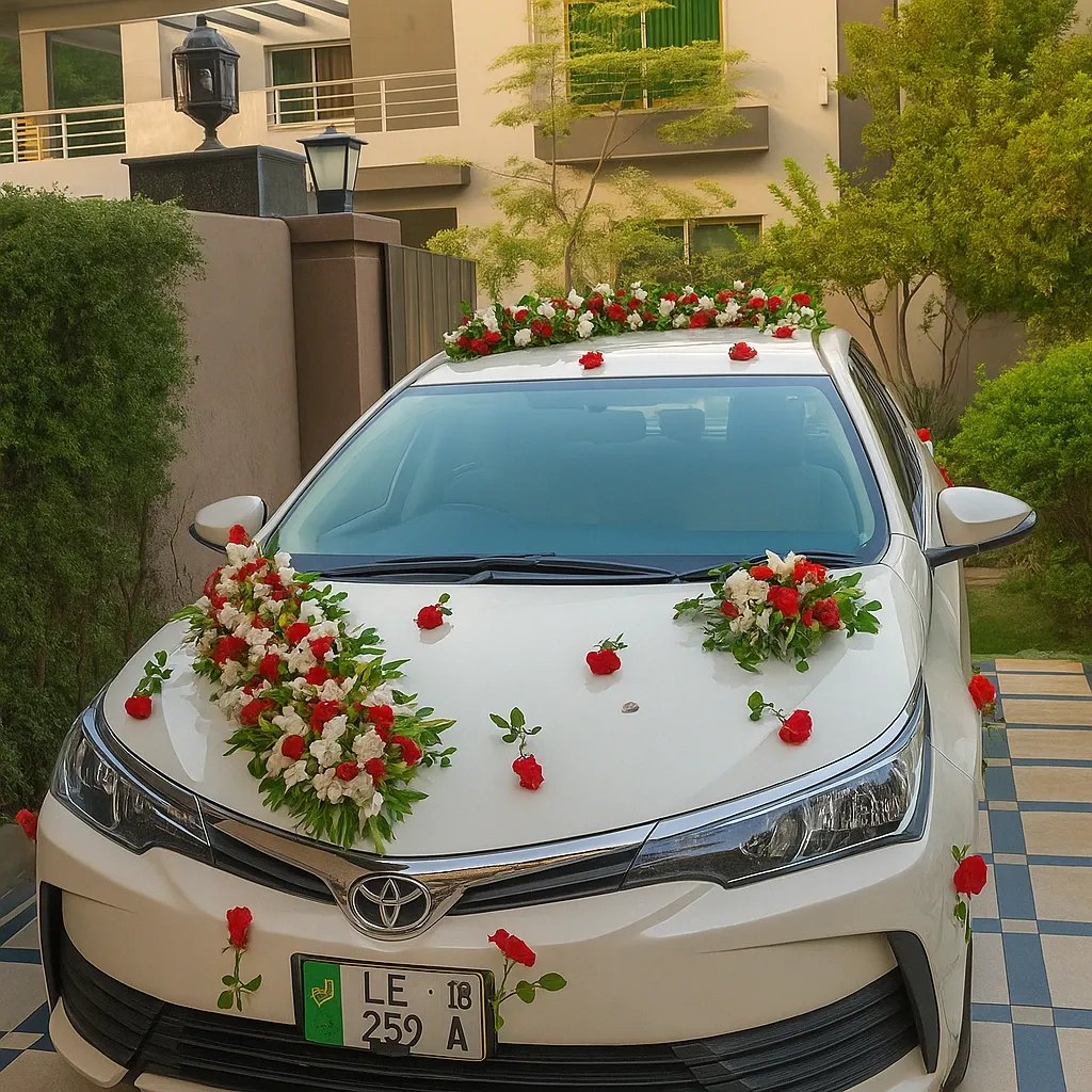 Red & White V-Garland Wedding Car Decoration – White Corolla